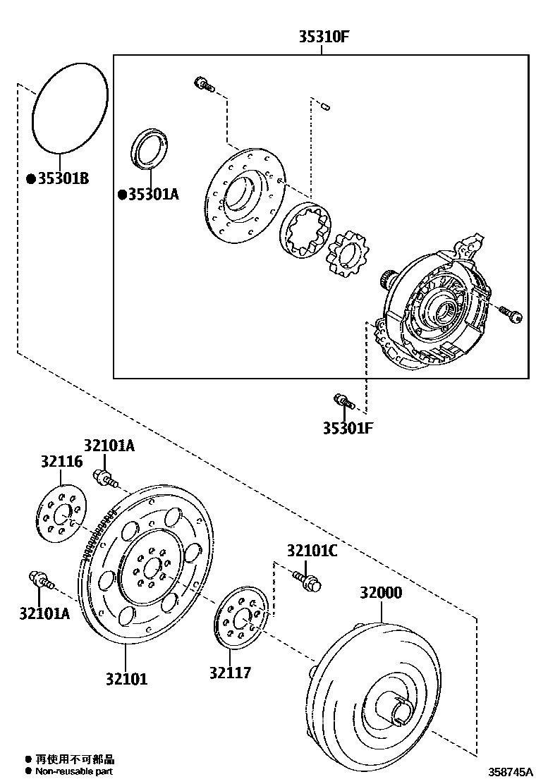 Toyota RAV4 变矩器、前油泵和链条(ATM) EPC diagram — 358745A
