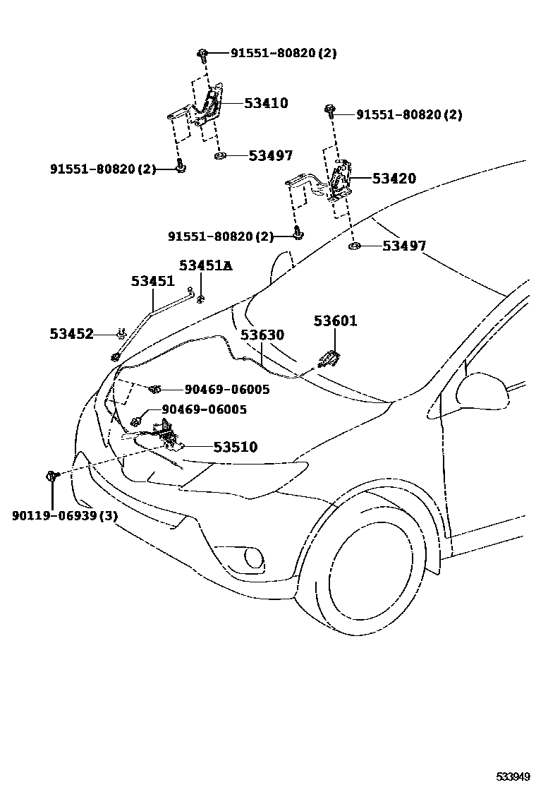 Toyota RAV4 发动机盖锁和铰链 EPC diagram — 533949