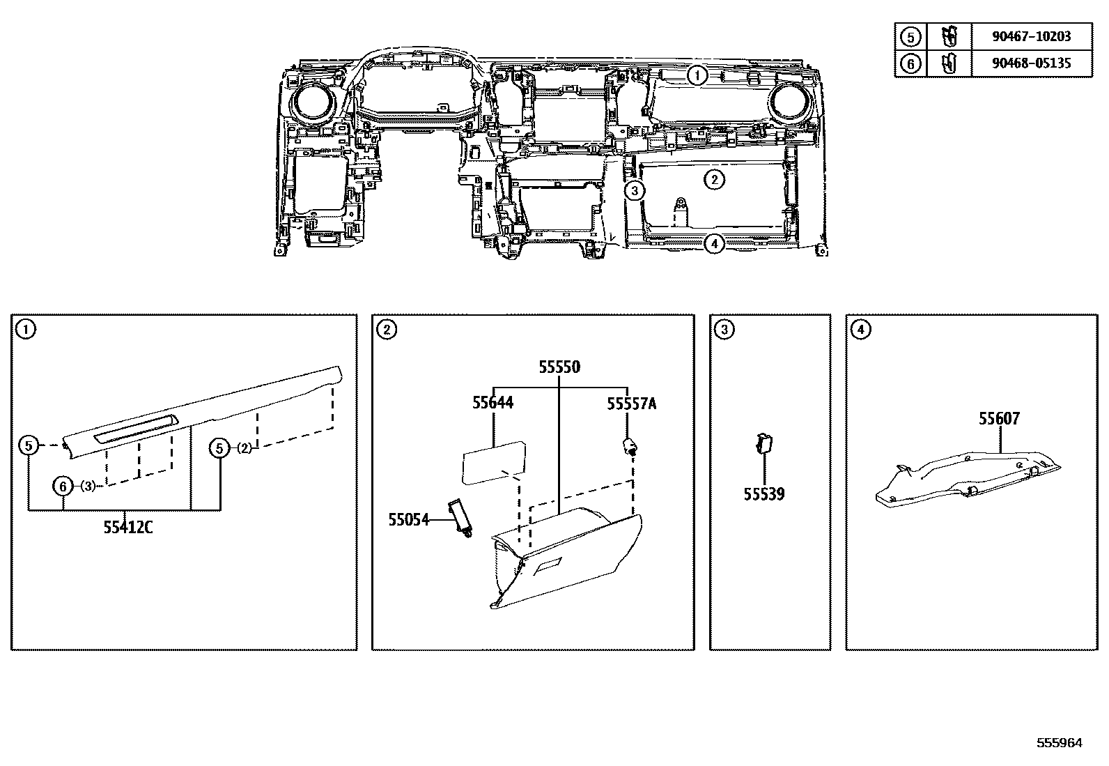 Toyota RAV4 仪表板和手套箱 EPC diagram — 555964