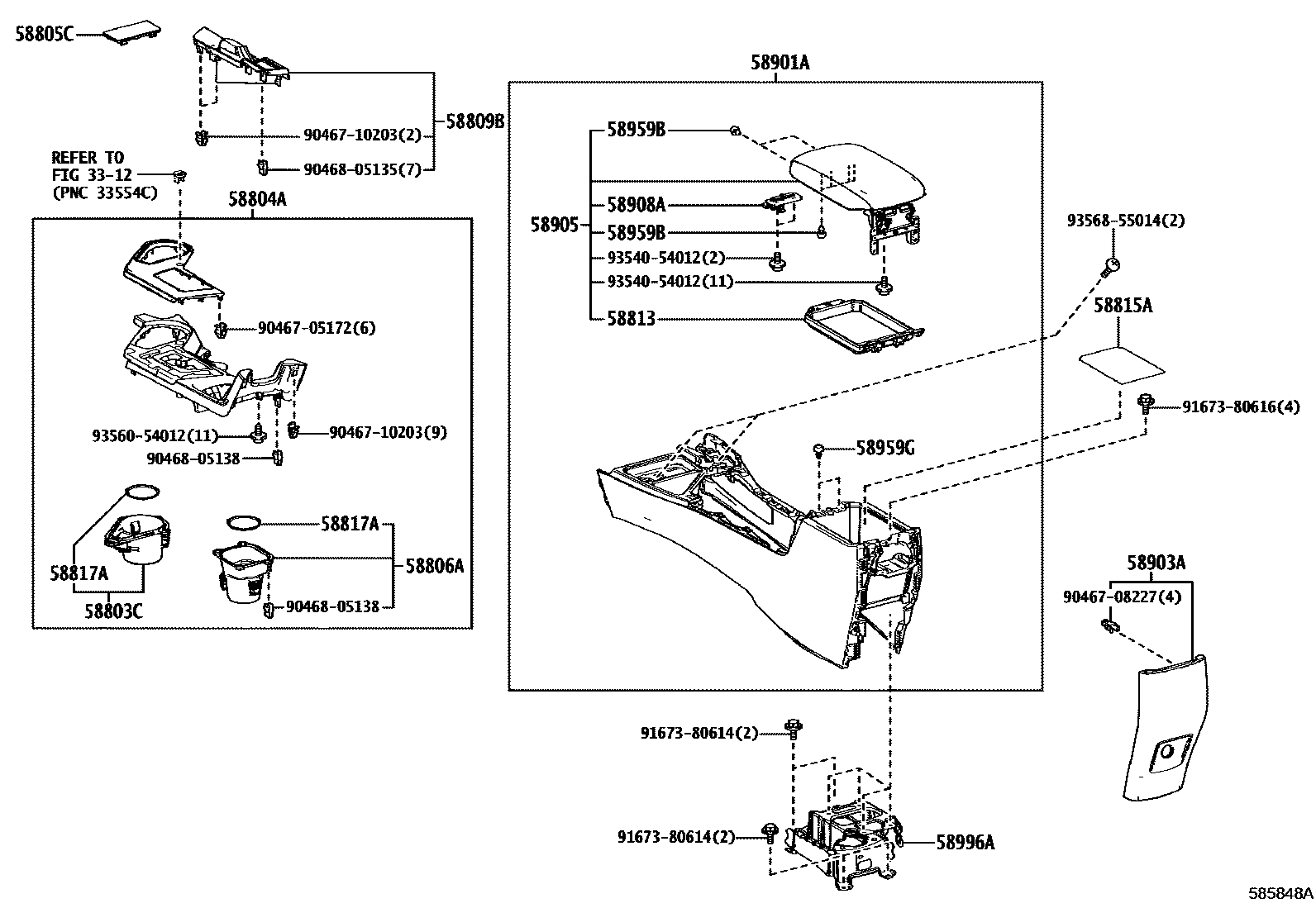Toyota RAV4 中央扶手箱和支架 EPC diagram — 585848A