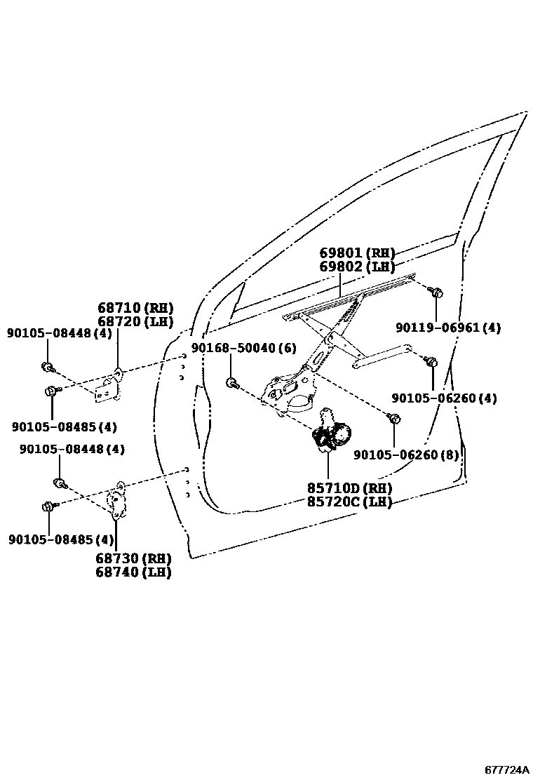 Toyota RAV4 前门车窗升降器和合页 EPC diagram — 677724A