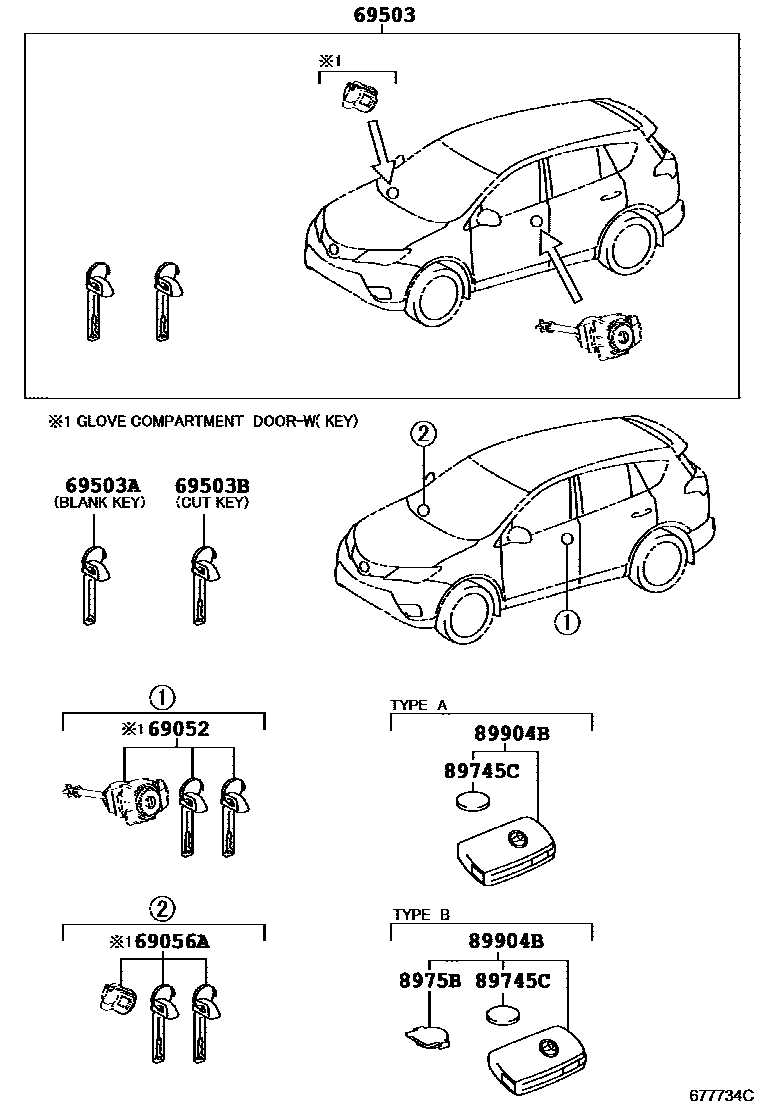 Toyota RAV4 锁芯组件 EPC diagram — 677734C