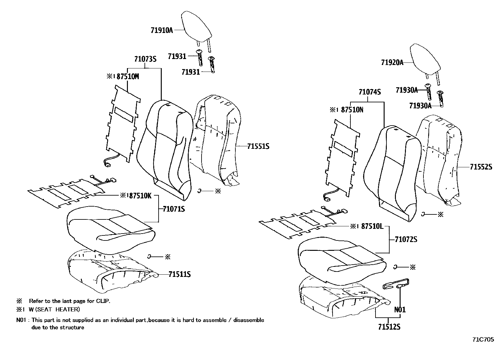 Toyota RAV4 座椅和座椅滑轨 EPC diagram — 71C705