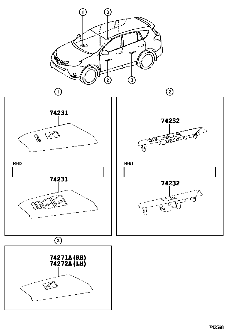 Toyota RAV4 扶手和遮阳板 EPC diagram — 743568