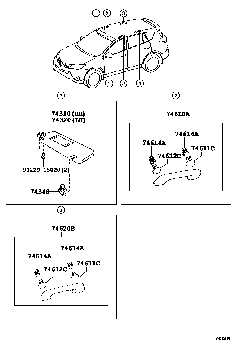 Toyota RAV4 扶手和遮阳板 EPC diagram — 743569