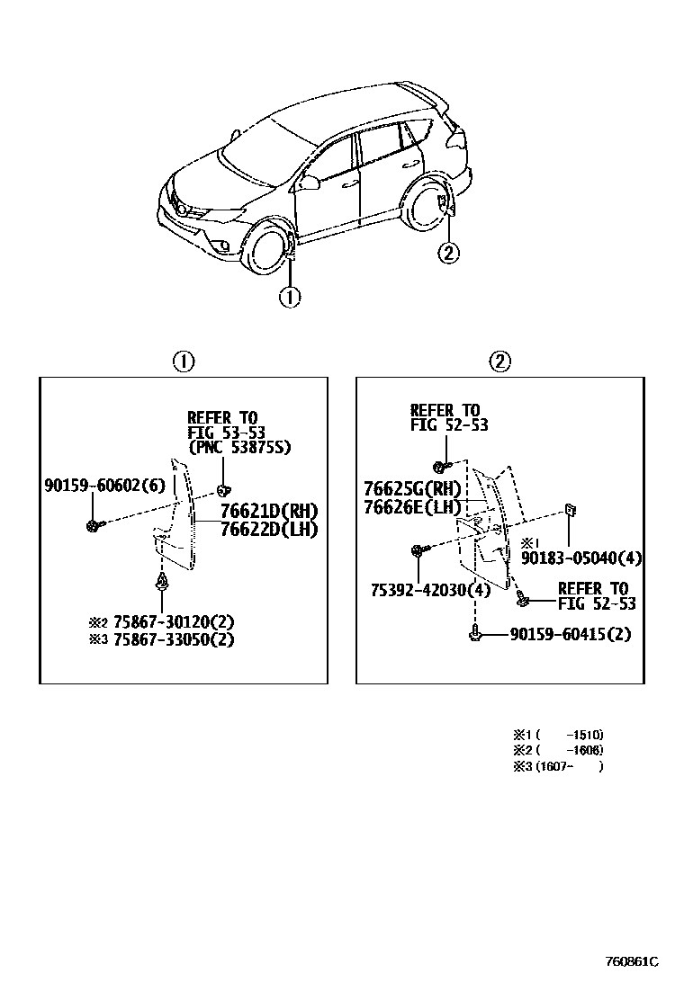 Toyota RAV4 扰流板和侧挡泥板 EPC diagram — 760861C