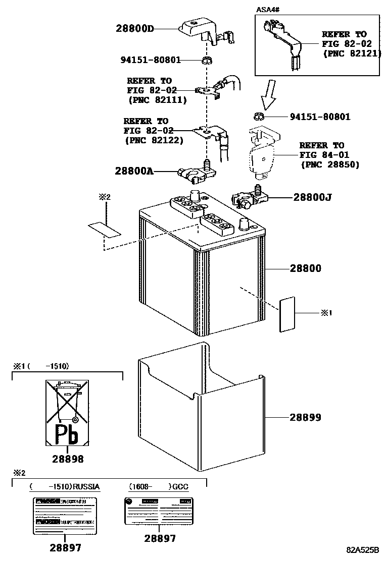 Toyota RAV4 蓄电池和蓄电池电缆 EPC diagram — 82A525B