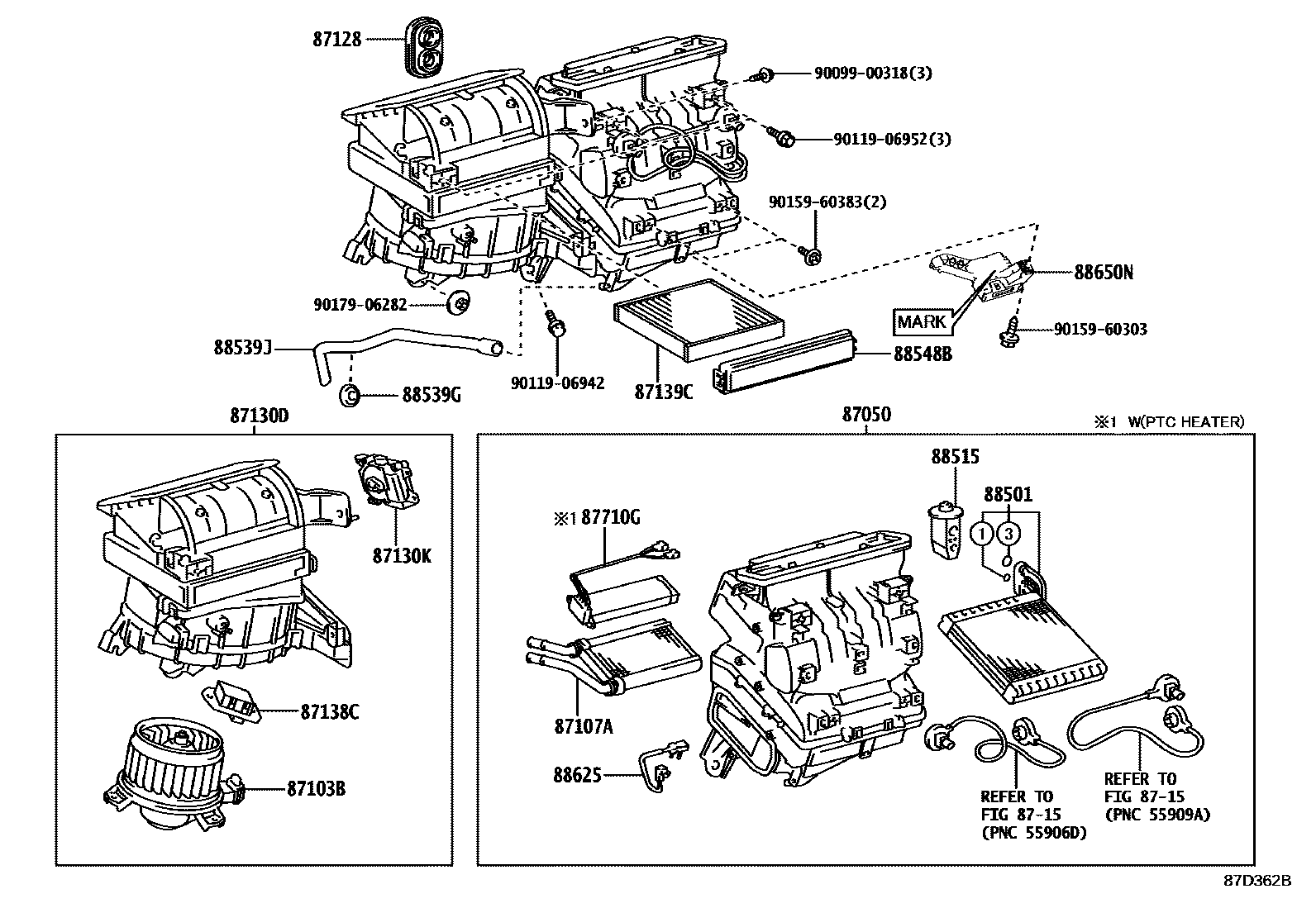 Toyota RAV4 暖风和空调系统 - 冷却器组件 EPC diagram — 87D362B