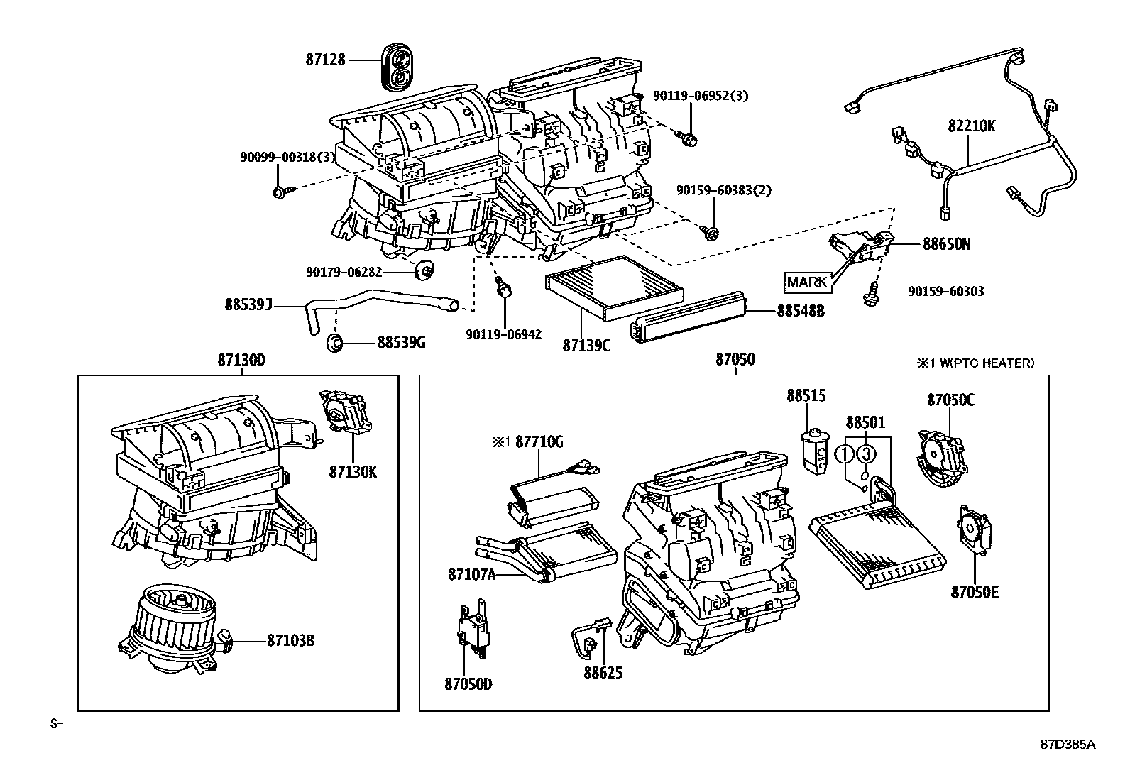 Toyota RAV4 暖风和空调系统 - 冷却器组件 EPC diagram — 87D385A