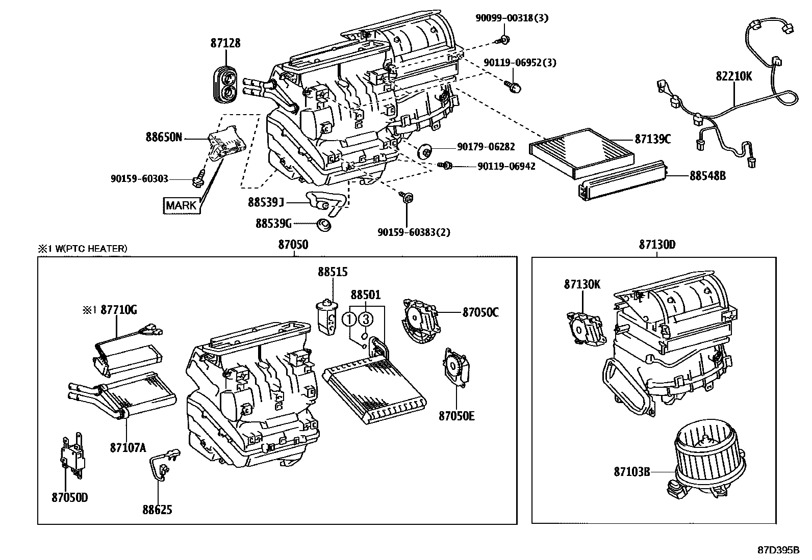 Toyota RAV4 暖风和空调系统 - 冷却器组件 EPC diagram — 87D395B