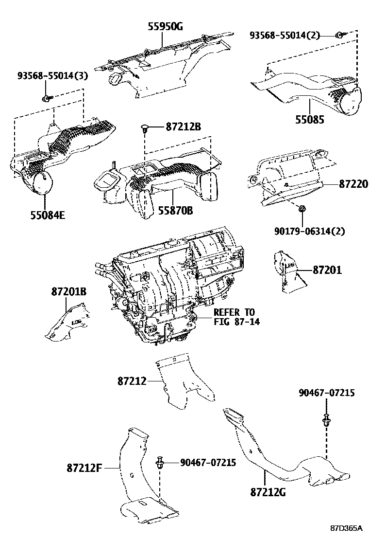 Toyota RAV4 暖风和空调系统 - 控制器和风管 EPC diagram — 87D365A