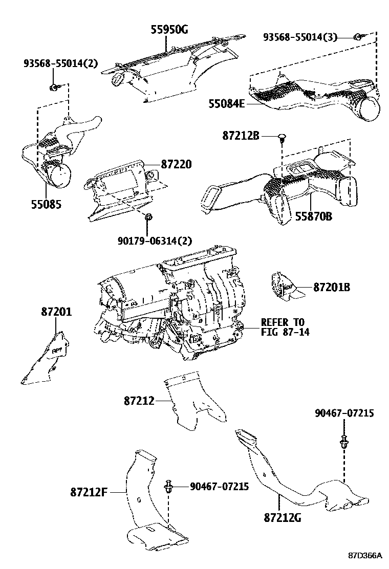Toyota RAV4 暖风和空调系统 - 控制器和风管 EPC diagram — 87D366A