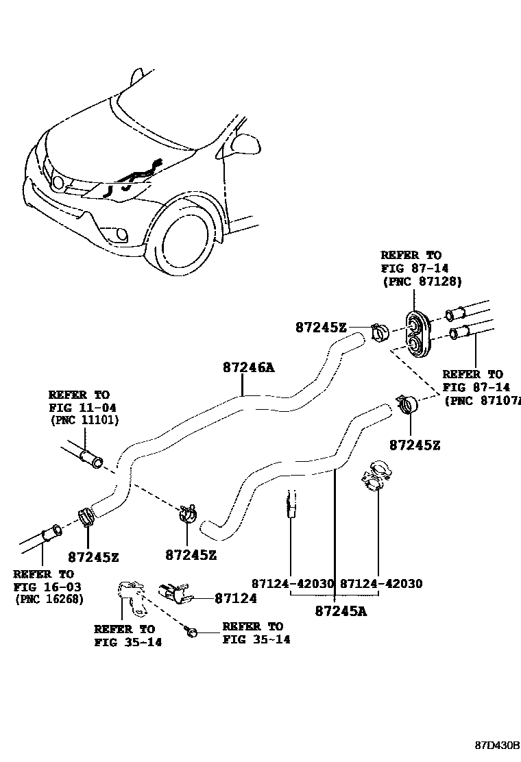 Toyota RAV4 暖风和空调系统 - 水管 EPC diagram — 87D430B