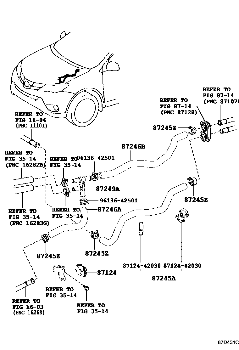 Toyota RAV4 暖风和空调系统 - 水管 EPC diagram — 87D431C