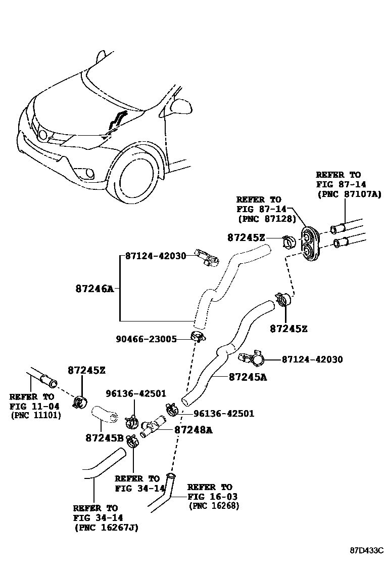 Toyota RAV4 暖风和空调系统 - 水管 EPC diagram — 87D433C