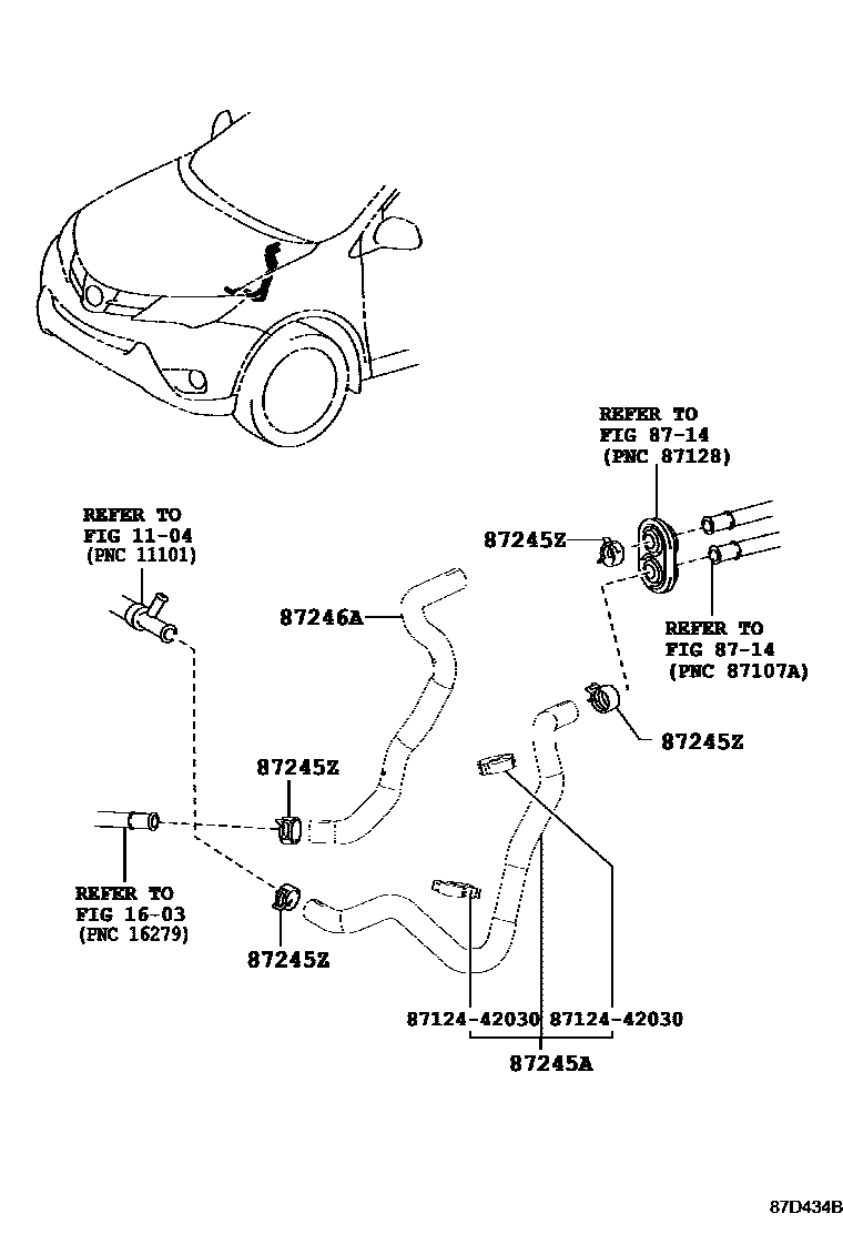 Toyota RAV4 暖风和空调系统 - 水管 EPC diagram — 87D434B