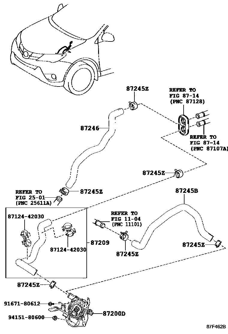Toyota RAV4 暖风和空调系统 - 水管 EPC diagram — 87F462B