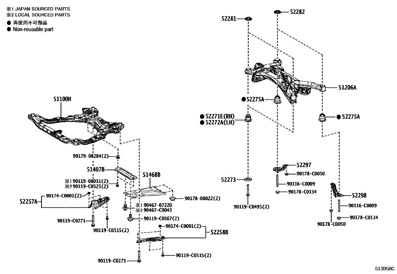 Toyota RAV4 悬架横梁和发动机底罩 EPC diagram — 513958C