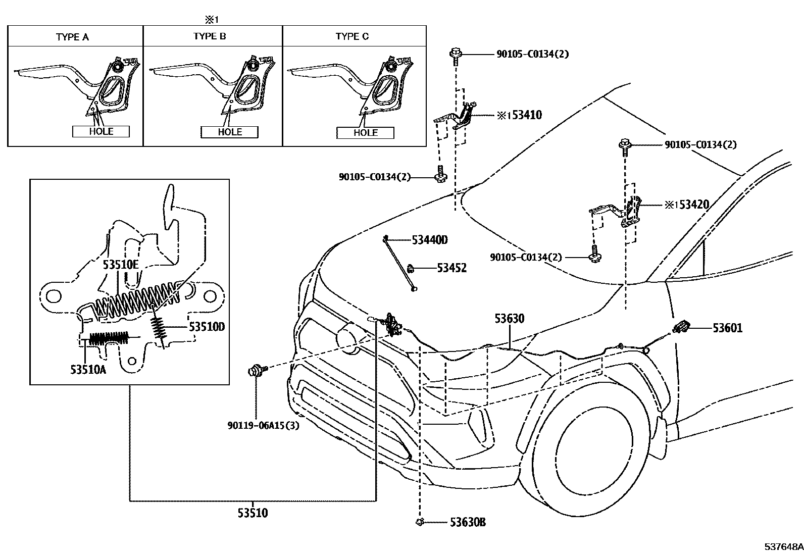 Toyota RAV4 发动机盖锁和铰链 EPC diagram — 537648A