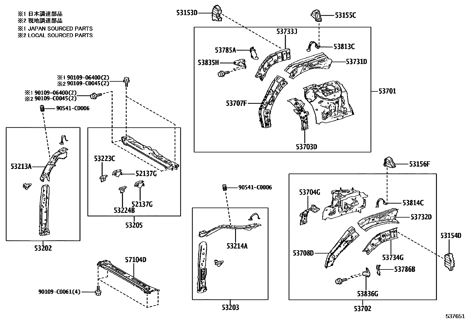 Toyota RAV4 前翼子板挡泥板和前围板 EPC diagram — 537651