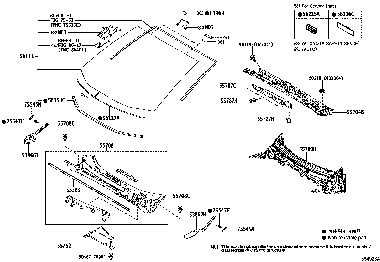 Toyota RAV4 前围板和挡风玻璃 EPC diagram — 554926A