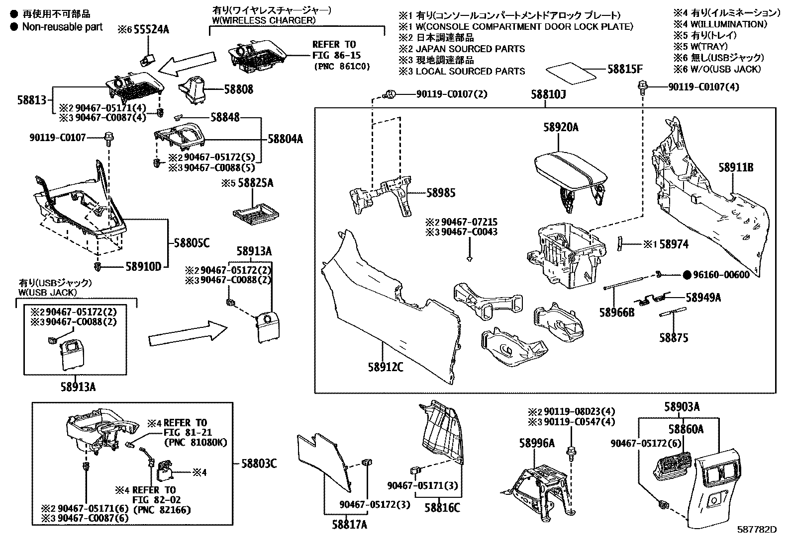 Toyota RAV4 中央扶手箱和支架 EPC diagram — 587782D
