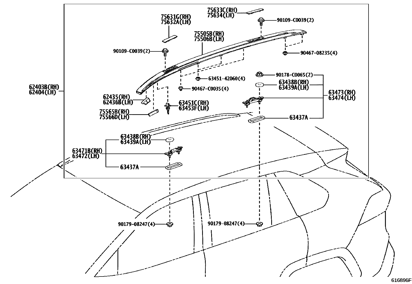 Toyota RAV4 天窗板和背板 EPC diagram — 616896F