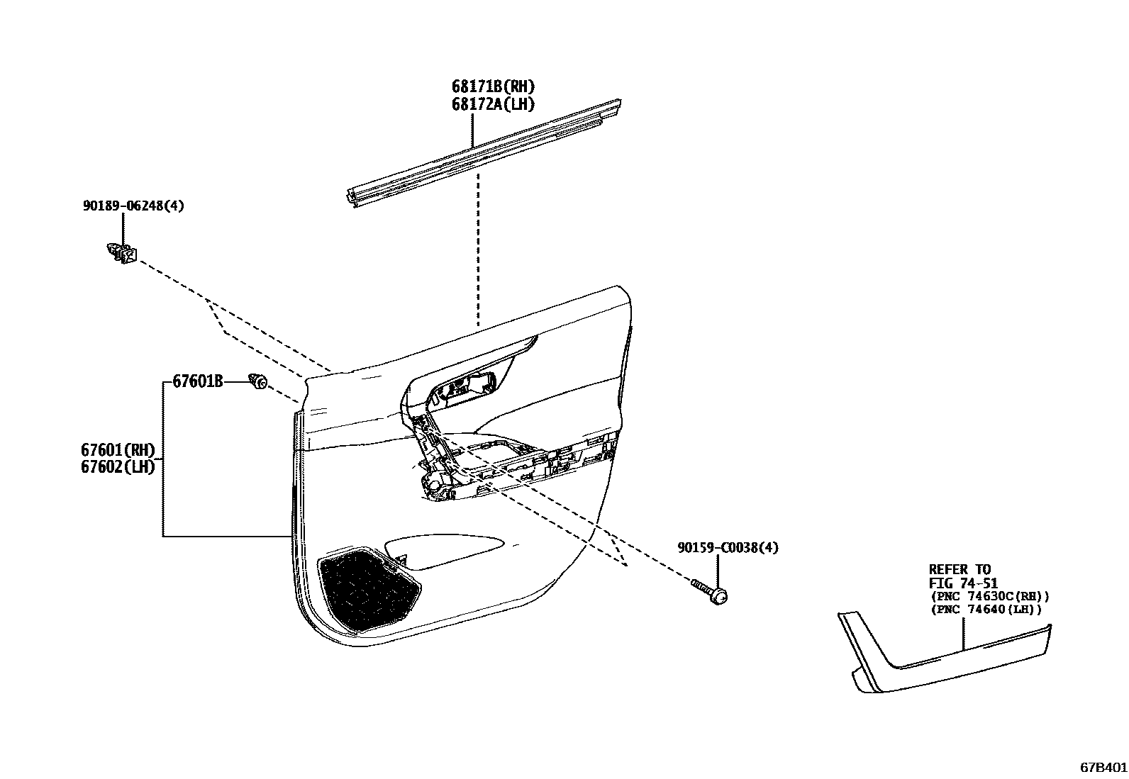 Toyota RAV4 前门板和前门玻璃 EPC diagram — 67B401