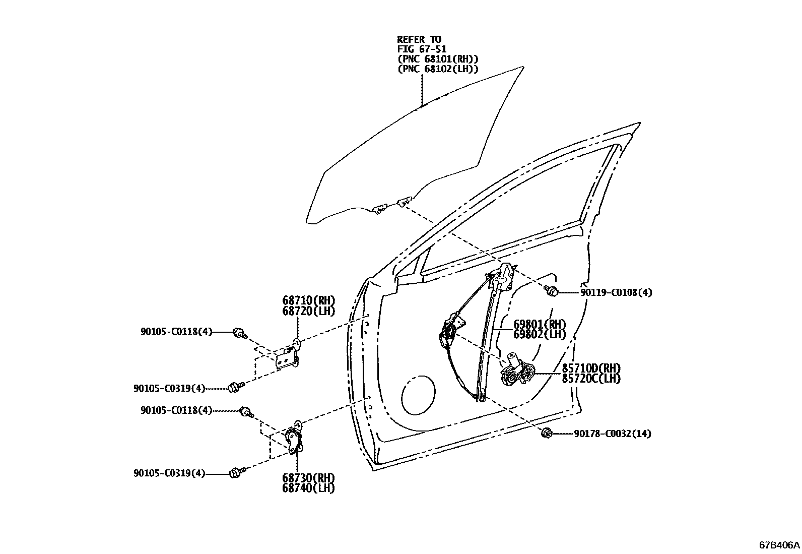 Toyota RAV4 前门车窗升降器和合页 EPC diagram — 67B406A