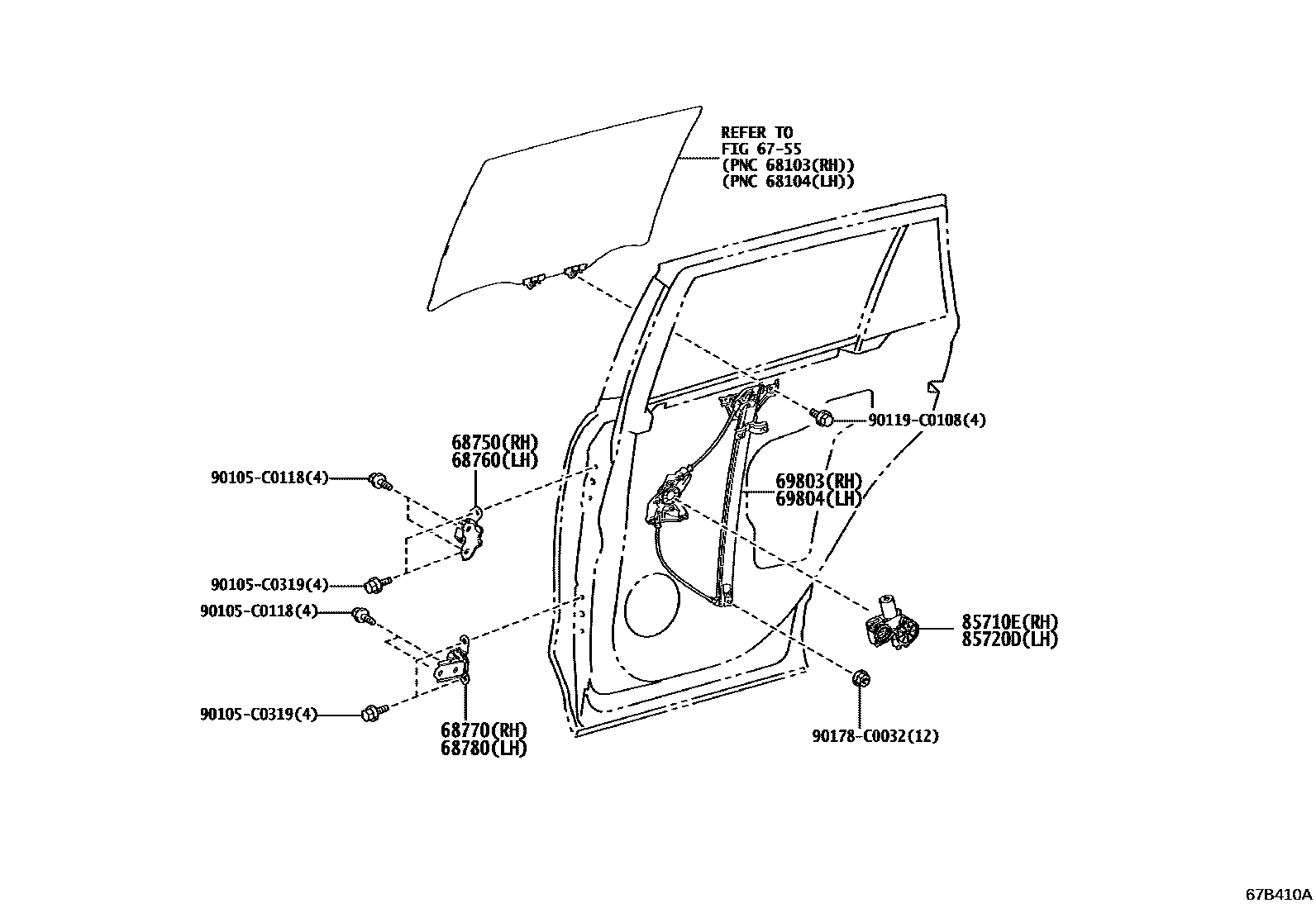 Toyota RAV4 后门车窗升降器和合页 EPC diagram — 67B410A