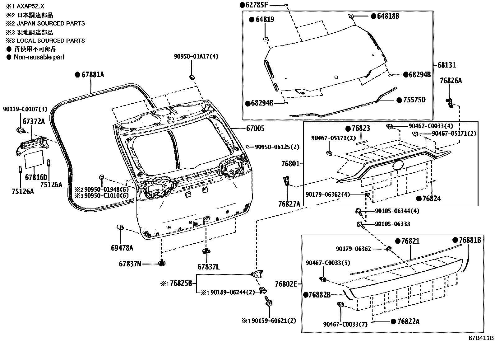 Toyota RAV4 背门板和背门玻璃 EPC diagram — 67B411B