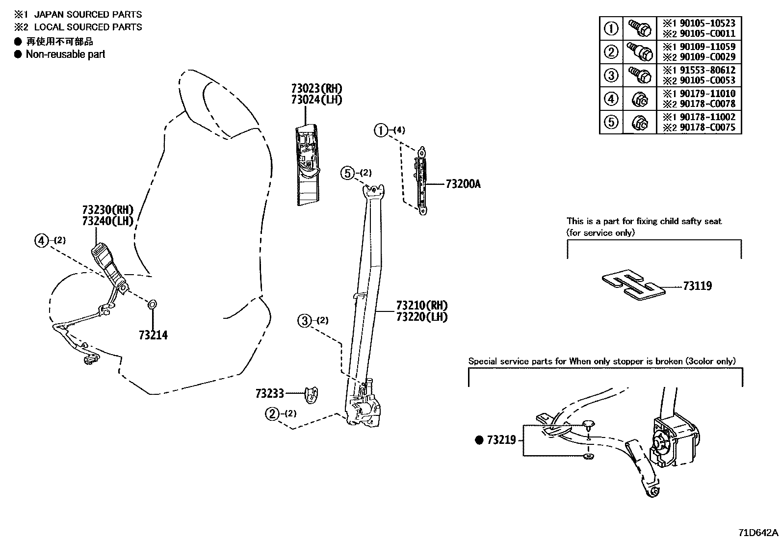 Toyota RAV4 seat belt EPC diagram — 71D642A