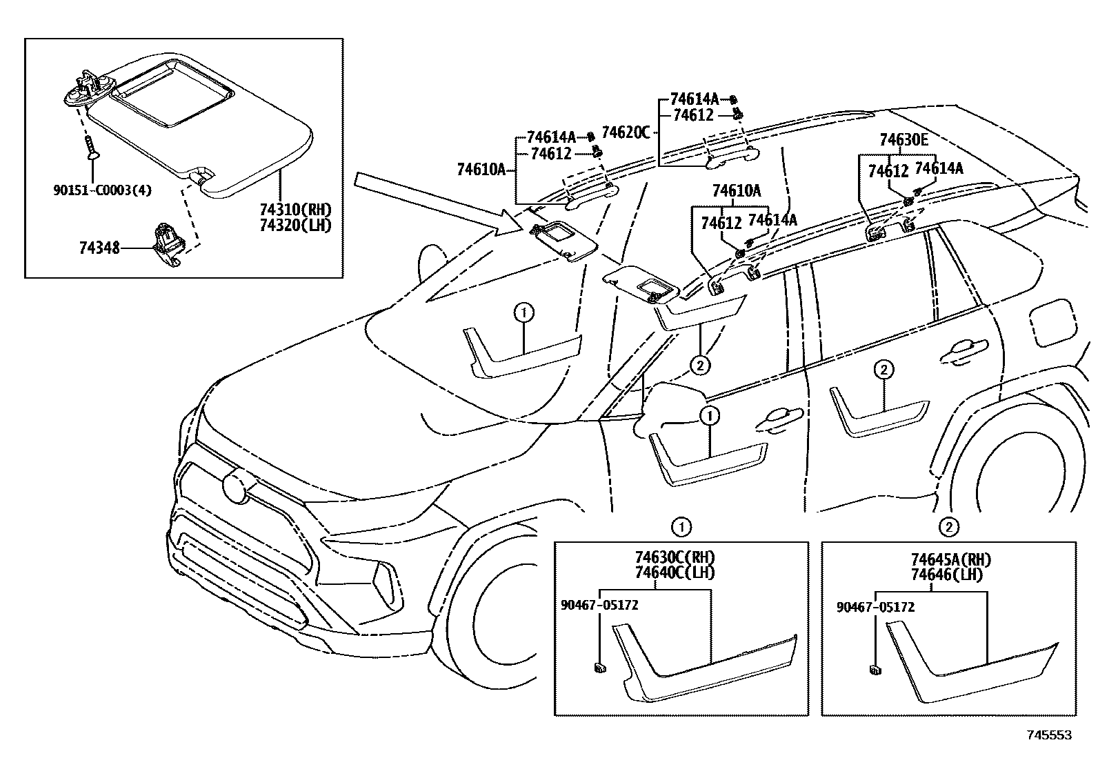Toyota RAV4 扶手和遮阳板 EPC diagram — 745553