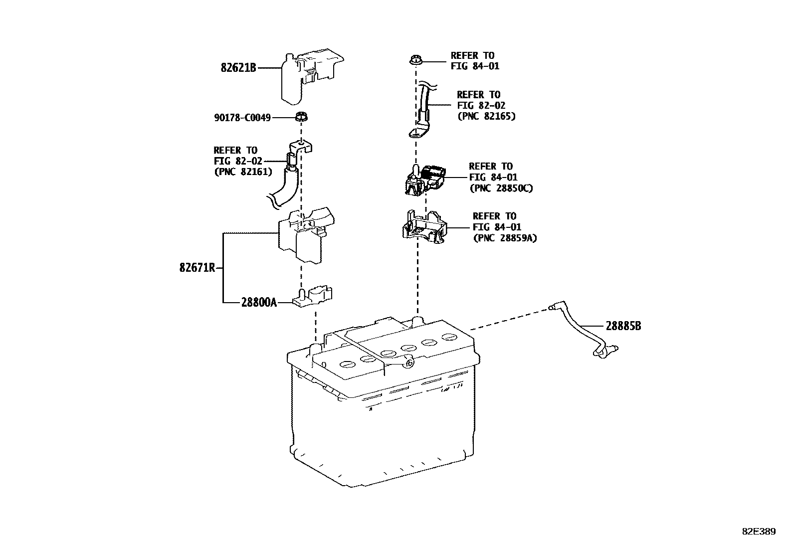 Toyota RAV4 蓄电池和蓄电池电缆 EPC diagram — 82E389