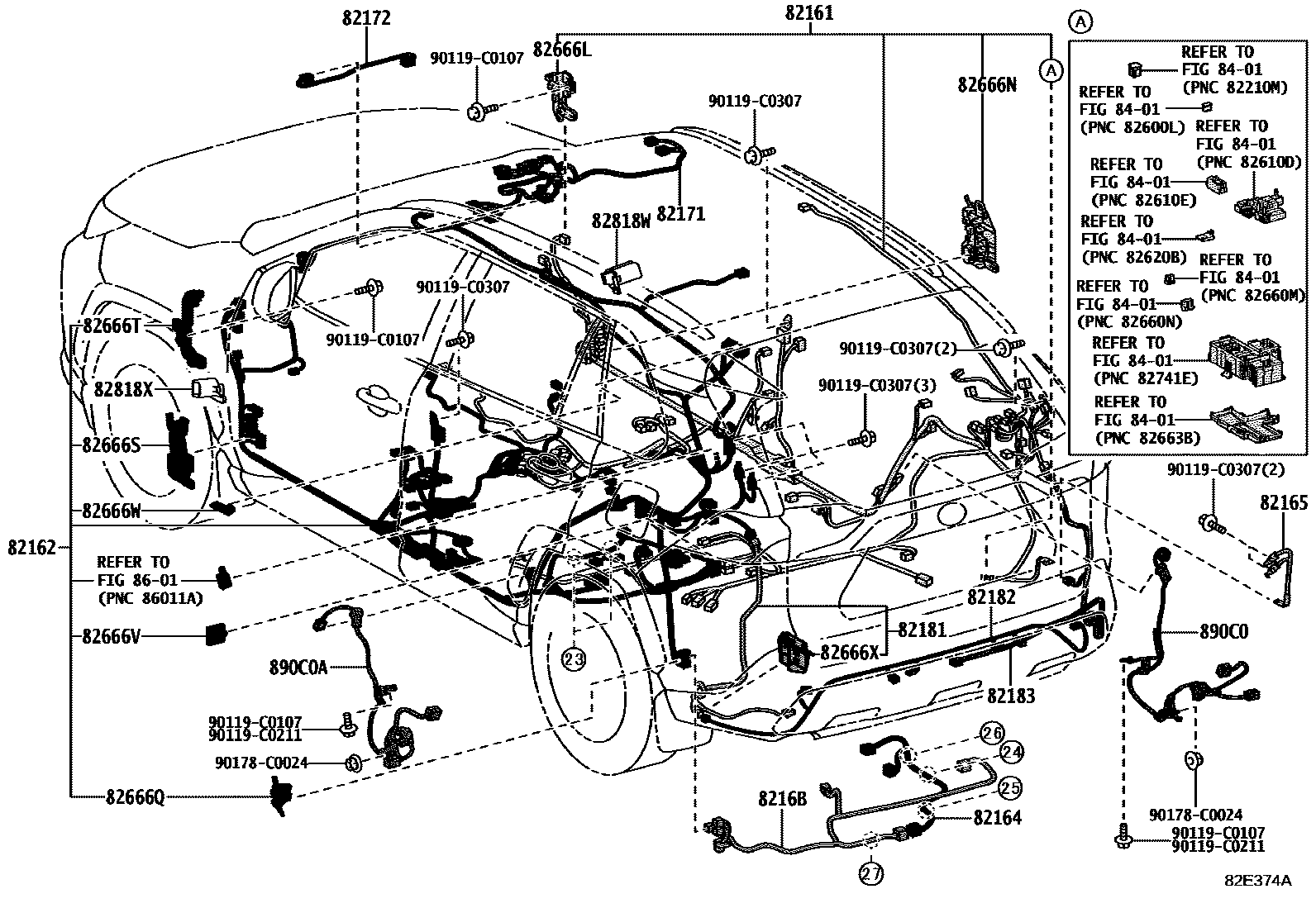 Toyota RAV4 线束和卡夹 EPC diagram — 82E374A