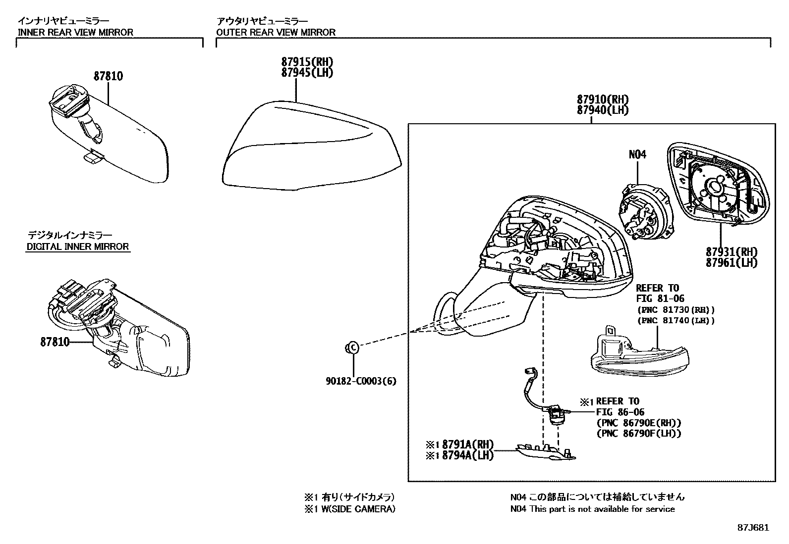 Toyota RAV4 后视镜 EPC diagram — 87J681