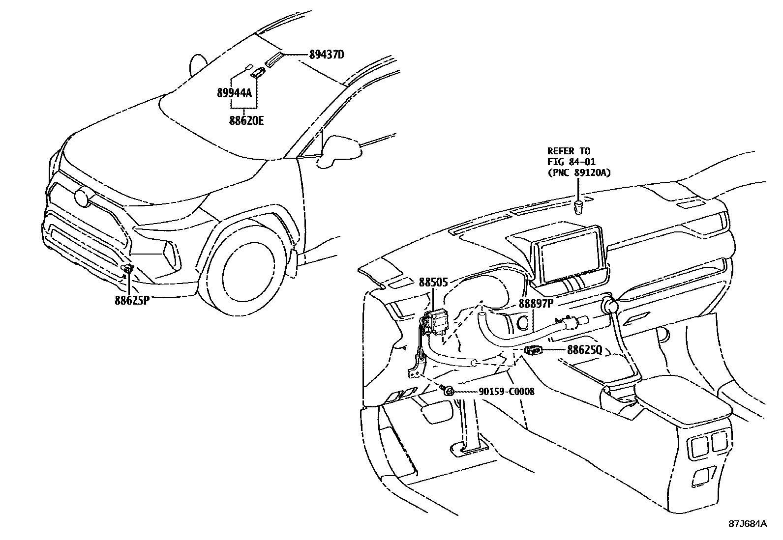 Toyota RAV4 暖风和空调系统 - 控制器和风管 EPC diagram — 87J684A