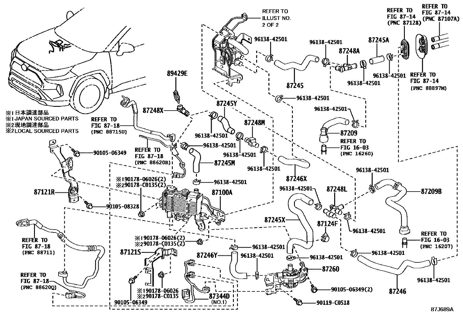 Toyota RAV4 暖风和空调系统 - 水管 EPC diagram — 87J689A