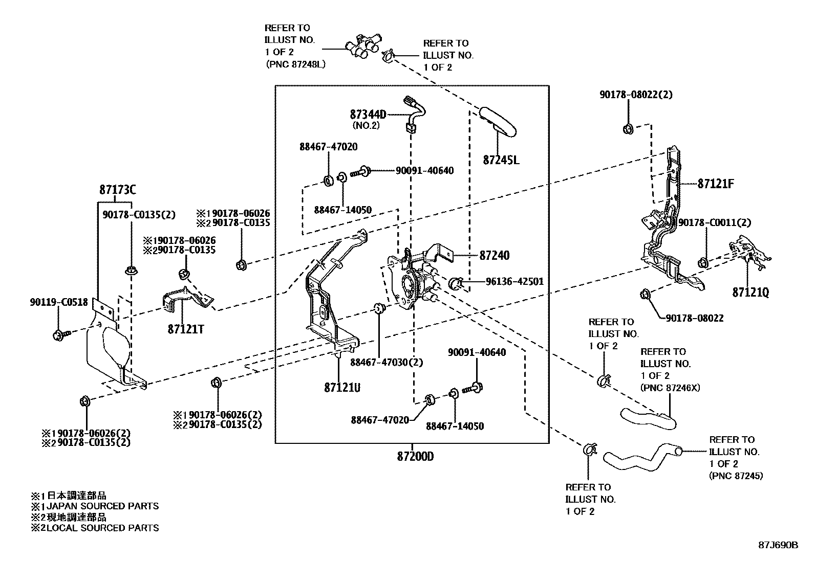 Toyota RAV4 暖风和空调系统 - 水管 EPC diagram — 87J690B