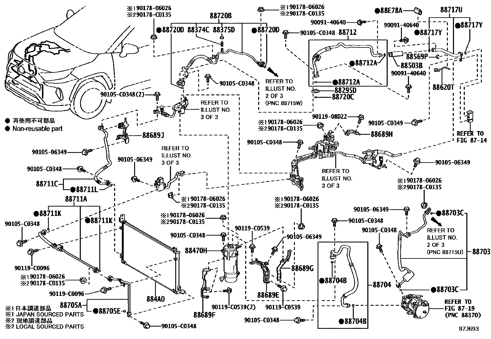 Toyota RAV4 Heating & Air Conditioning - Cooler Piping EPC diagram — 87J693A