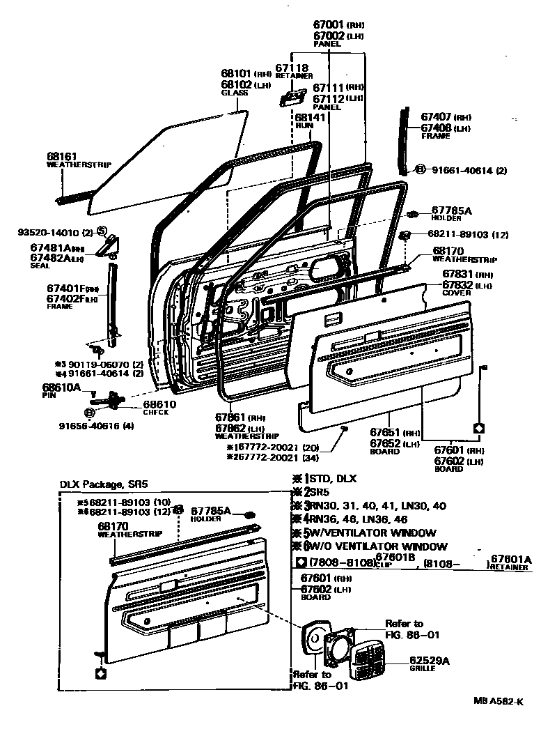 Toyota HILUX 前门板和前门玻璃 EPC diagram — MBA582K