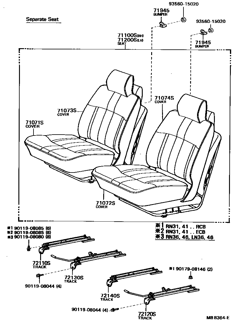 Toyota HILUX 座椅和座椅滑轨 EPC diagram — MBB364E