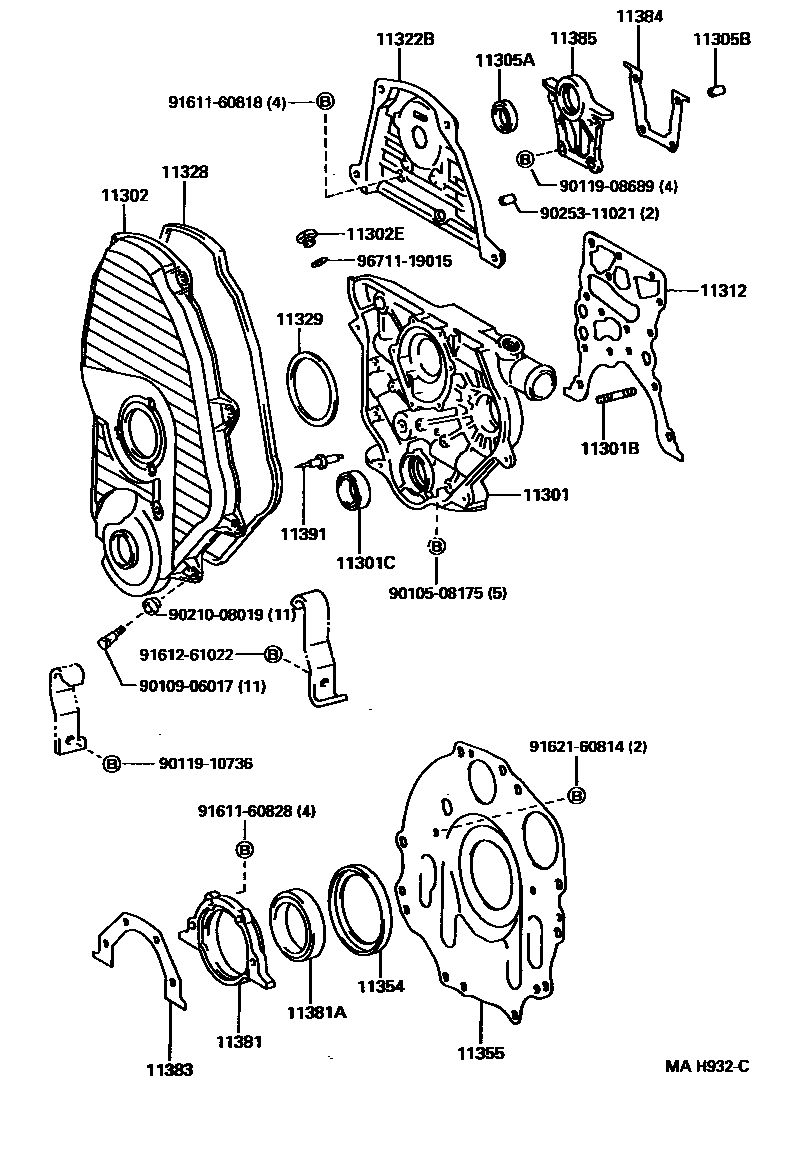 Toyota HILUX Timing Gear Cover & Rear End Plate EPC diagram — MAH932C