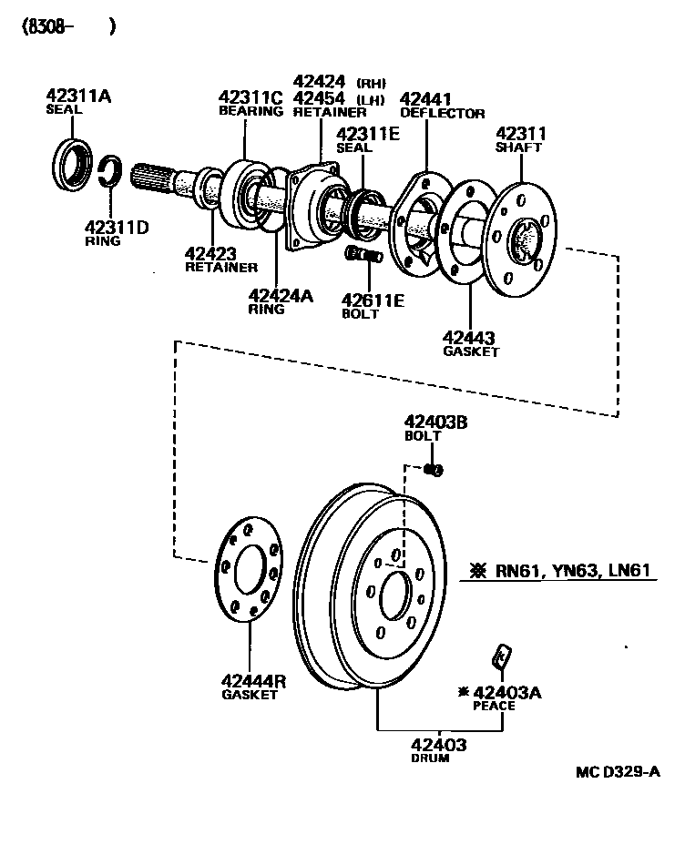 Toyota HILUX 后桥半轴和后桥轮毂 EPC diagram — MCD329A