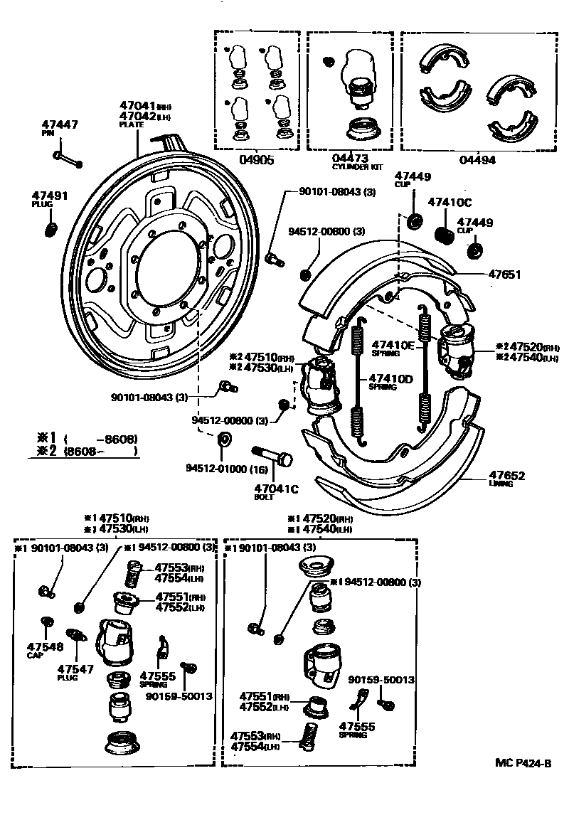 Toyota HILUX 前鼓式制动器分泵和底板 EPC diagram — MCP424B