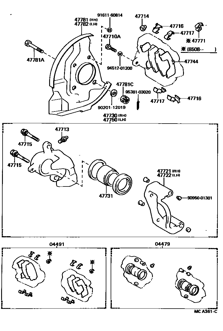 Toyota HILUX 前盘式制动器卡钳和防尘罩 EPC diagram — MCA361C
