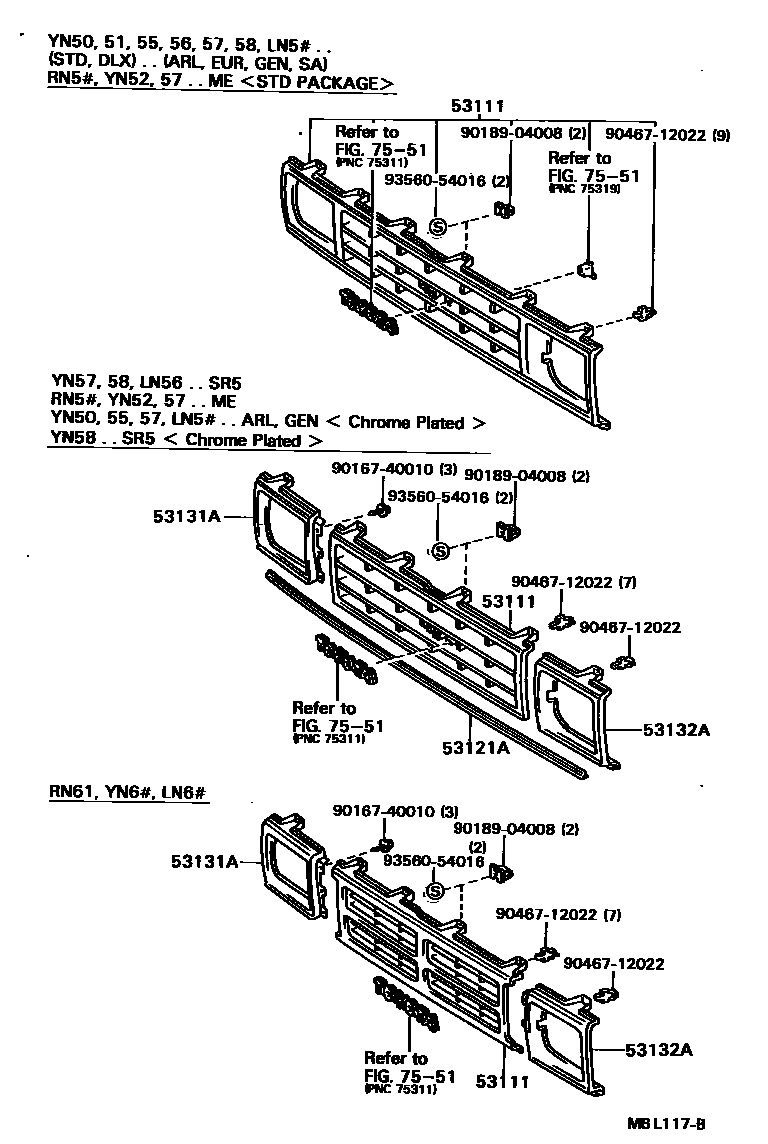 Toyota HILUX radiator grille EPC diagram — MBL117B