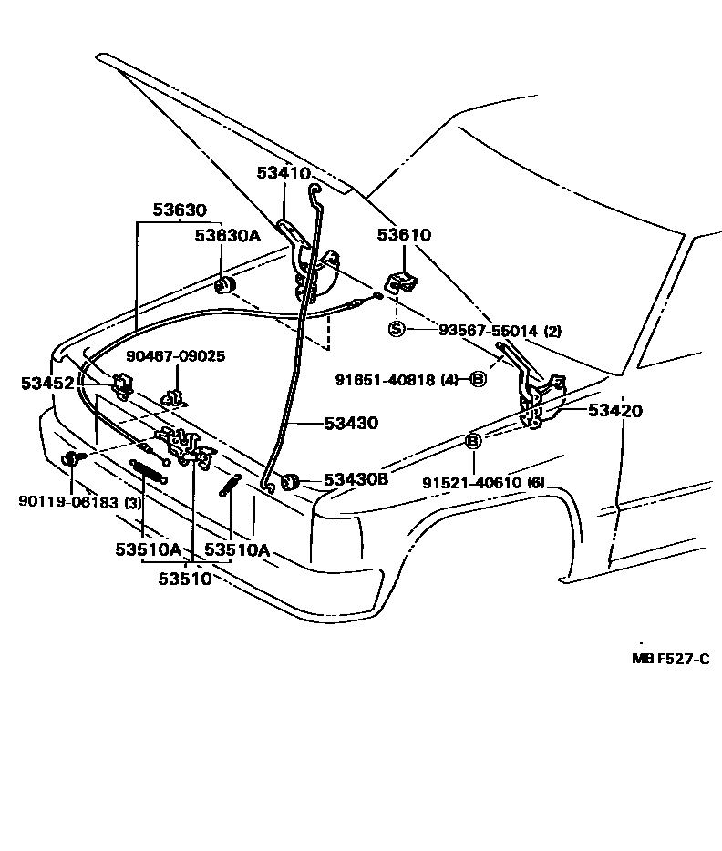 Toyota HILUX 发动机盖锁和铰链 EPC diagram — MBF527C