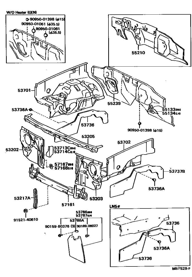 Toyota HILUX 前翼子板挡泥板和前围板 EPC diagram — MBF529F