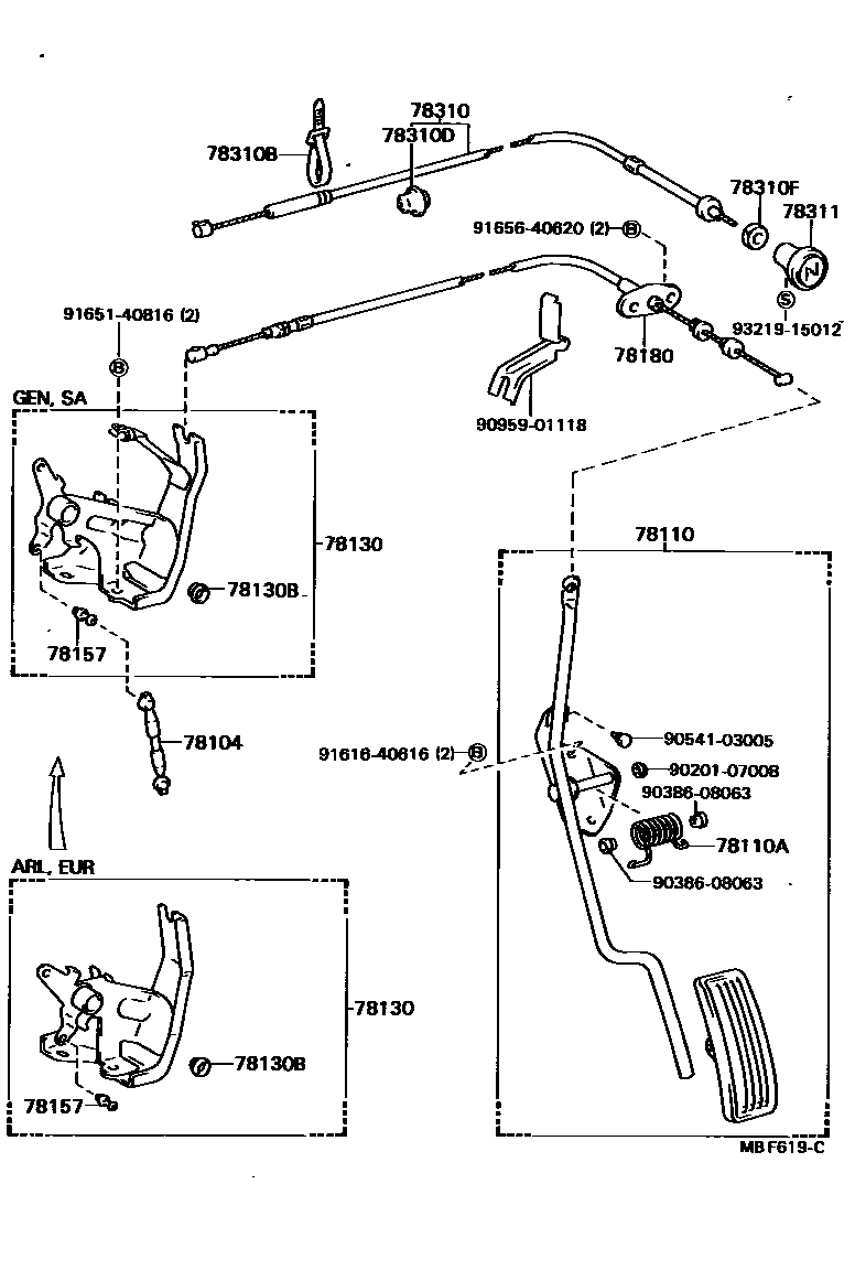 Toyota HILUX accelerator pedal connecting rod EPC diagram — MBF619C